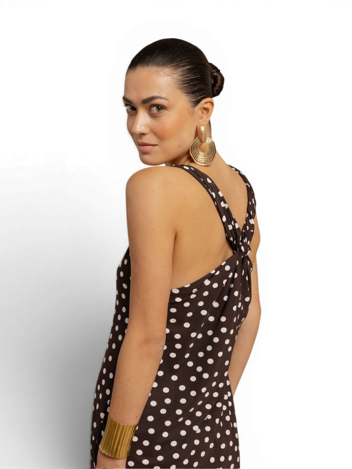 Bruine maxi-jurk met polkadot print Norah Dot Studio Anneloes