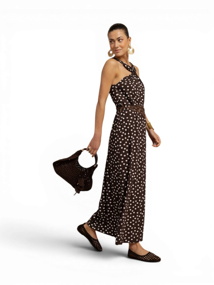 Bruine maxi-jurk met polkadot print Norah Dot Studio Anneloes