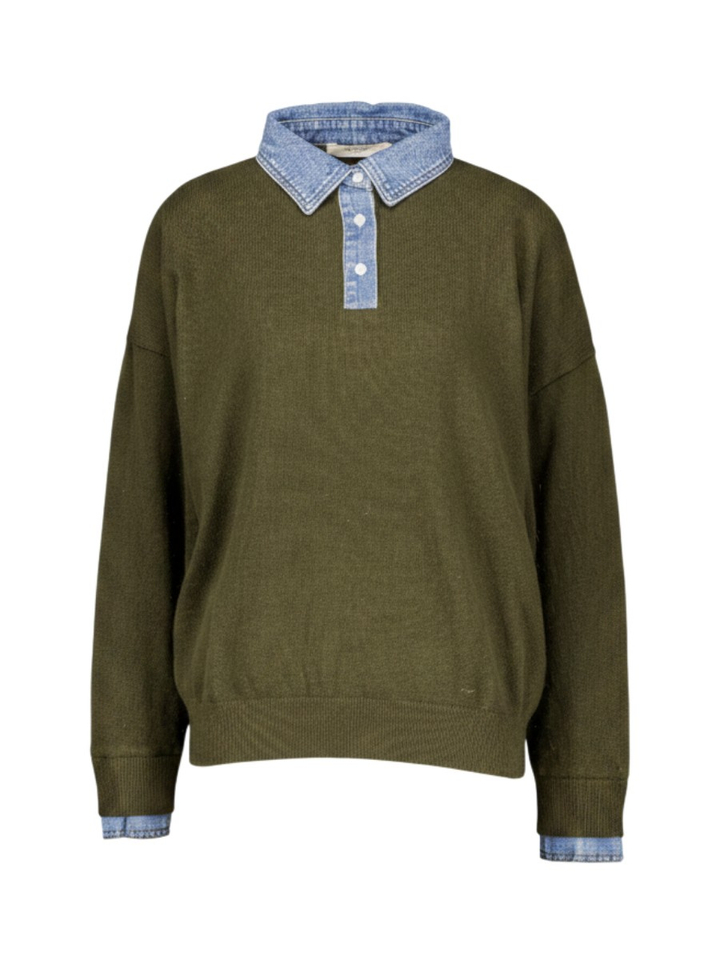 Olijfgroene trui met jeans polo kraag Rules The Label 