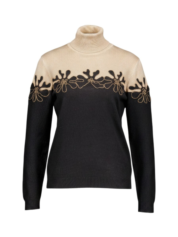 Beige zwarte rolkraag met bloemen detail Leo & Ugo