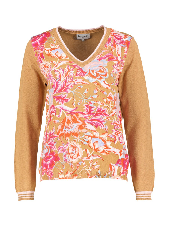 Bruine trui met bloemenprint Leo & Ugo