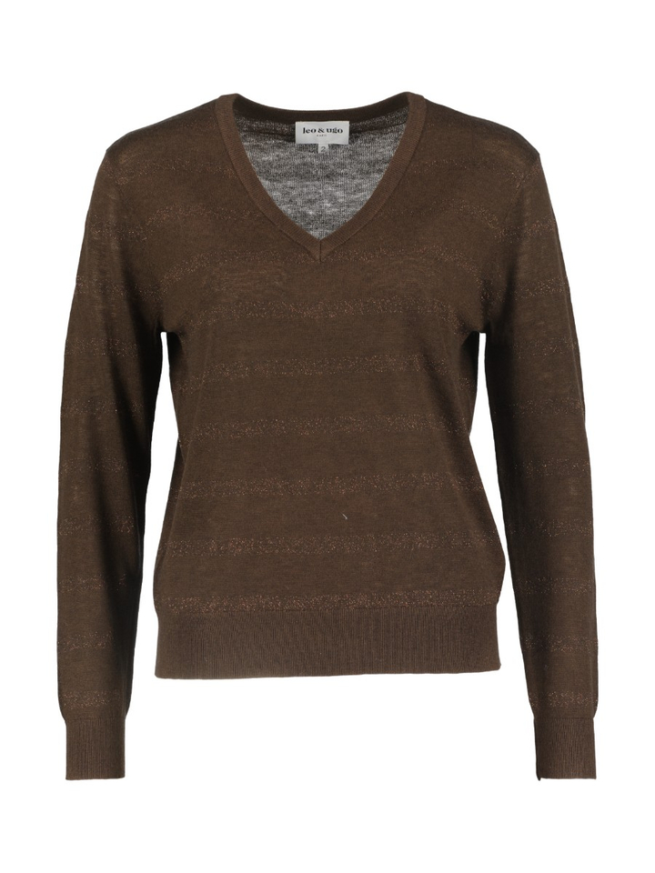 Bruine elegante pull met subtiele glitterstrepen Leo&Ugo 