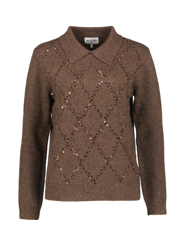 Bruine polo met glitterdetail en lange mouwen Leo&Ugo