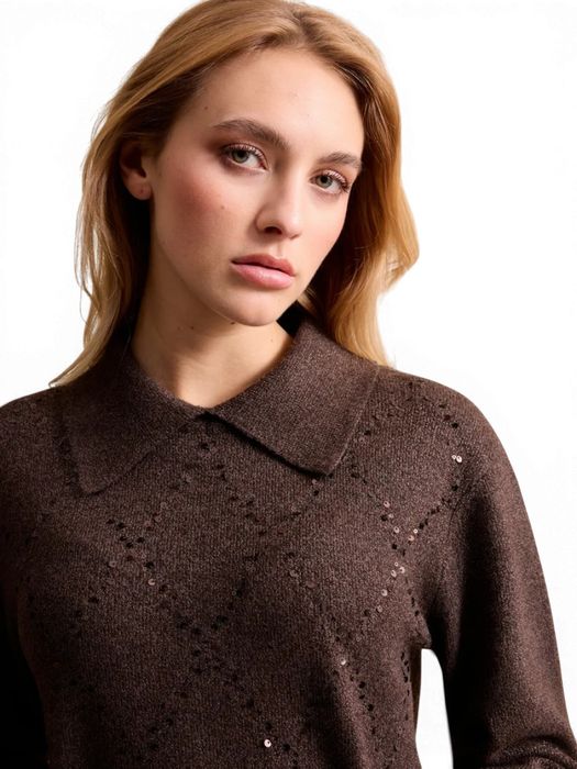 Bruine polo met glitterdetail en lange mouwen Leo&Ugo
