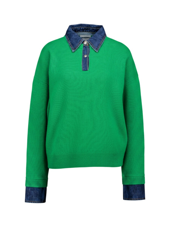 Felgroene wollen polo trui met denim details Leo & Ugo