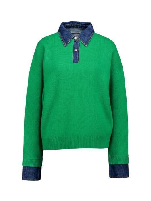 Felgroene wollen polo trui met denim details Leo & Ugo