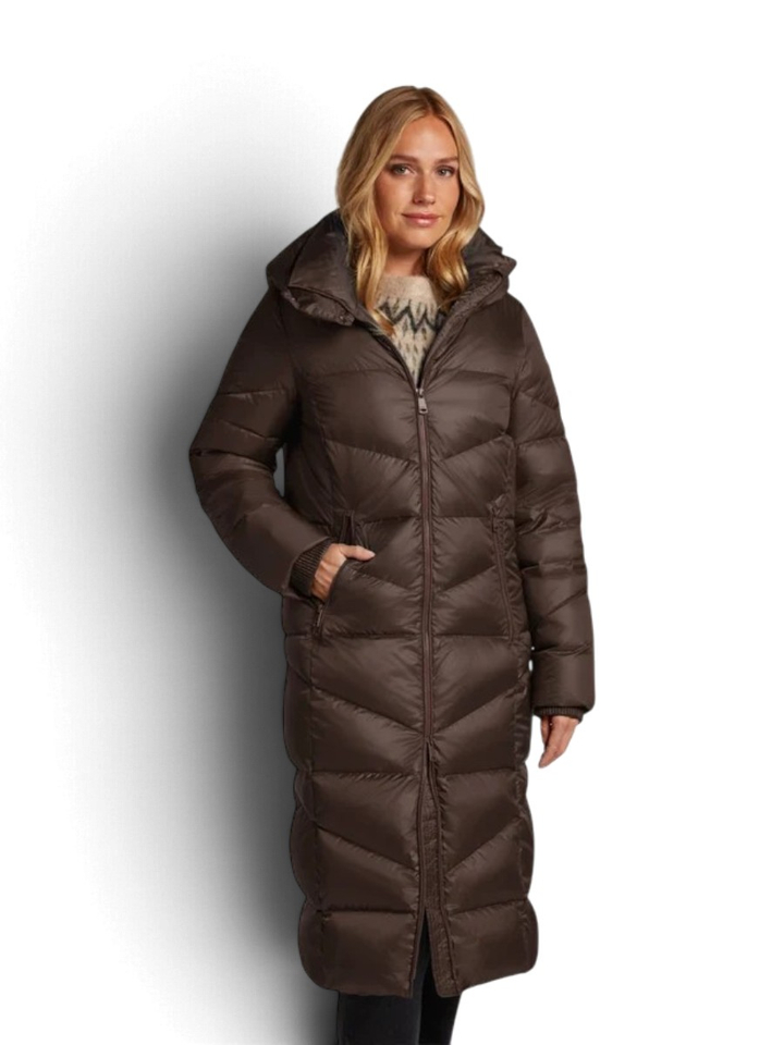 Lange bruine padded jas met kap Donna Reset