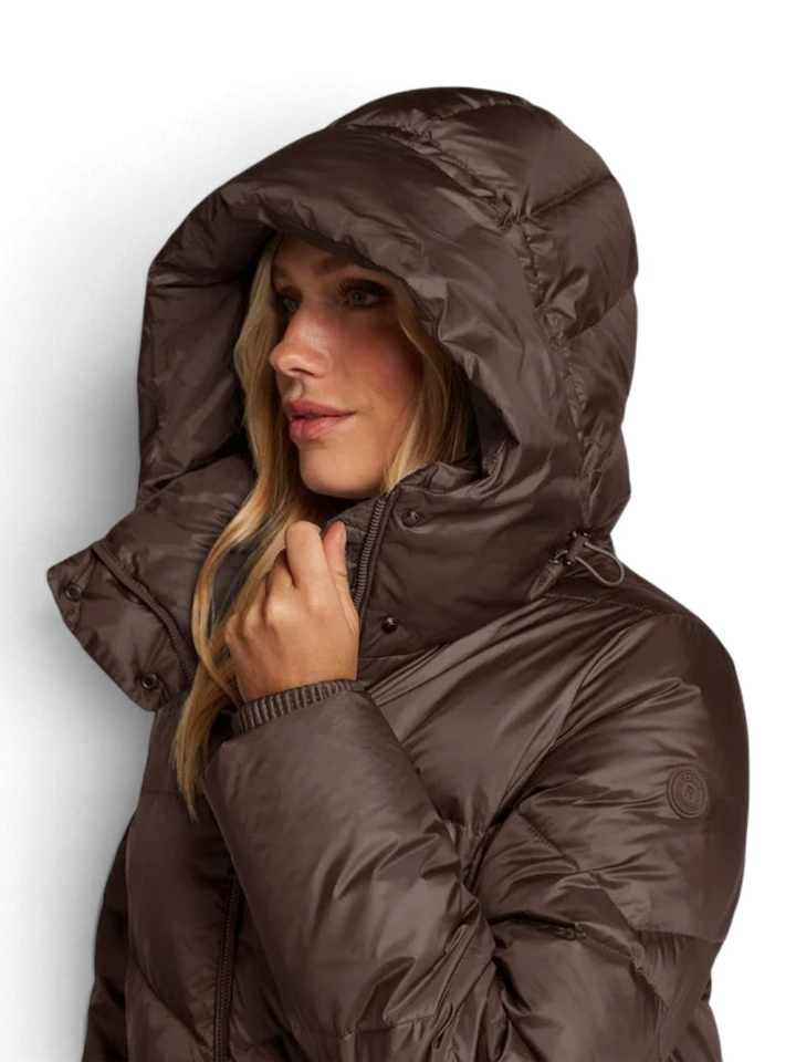Lange bruine padded jas met kap Donna Reset