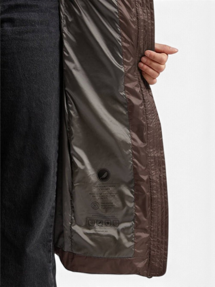 Lange bruine padded jas met kap Donna Reset