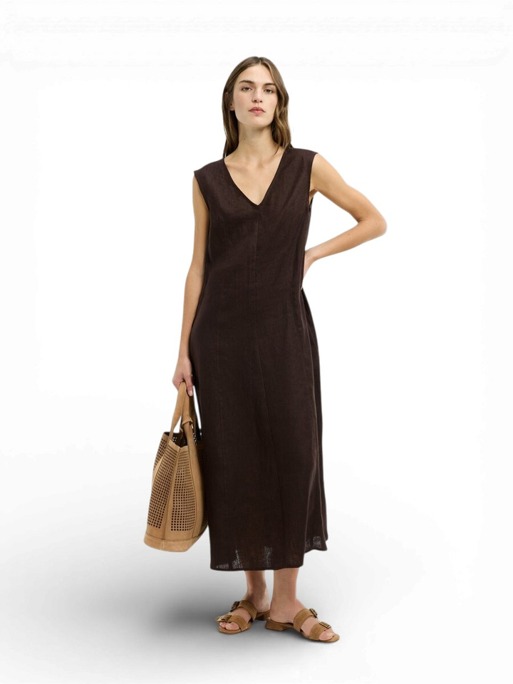 Donkerbruine linnen maxi-jurk  Kem Xandres 