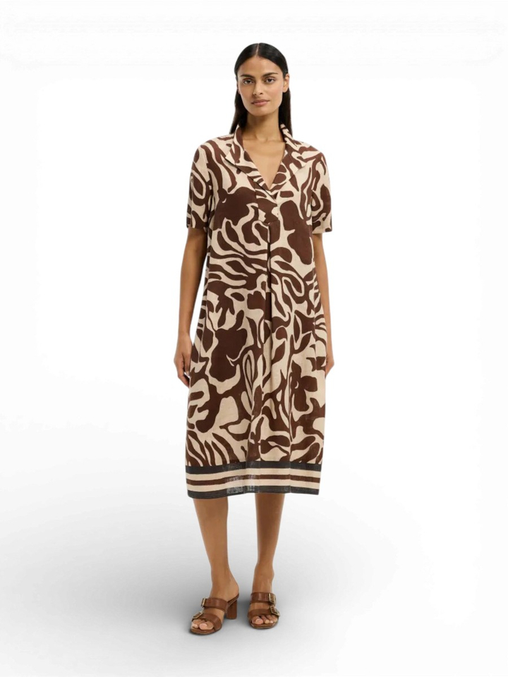 Beige linnen jurk met bruine print Kirania Xandres