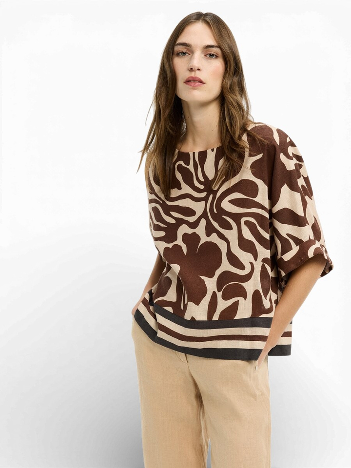 Beige linnen bloes met bruine printe Himano Xandres