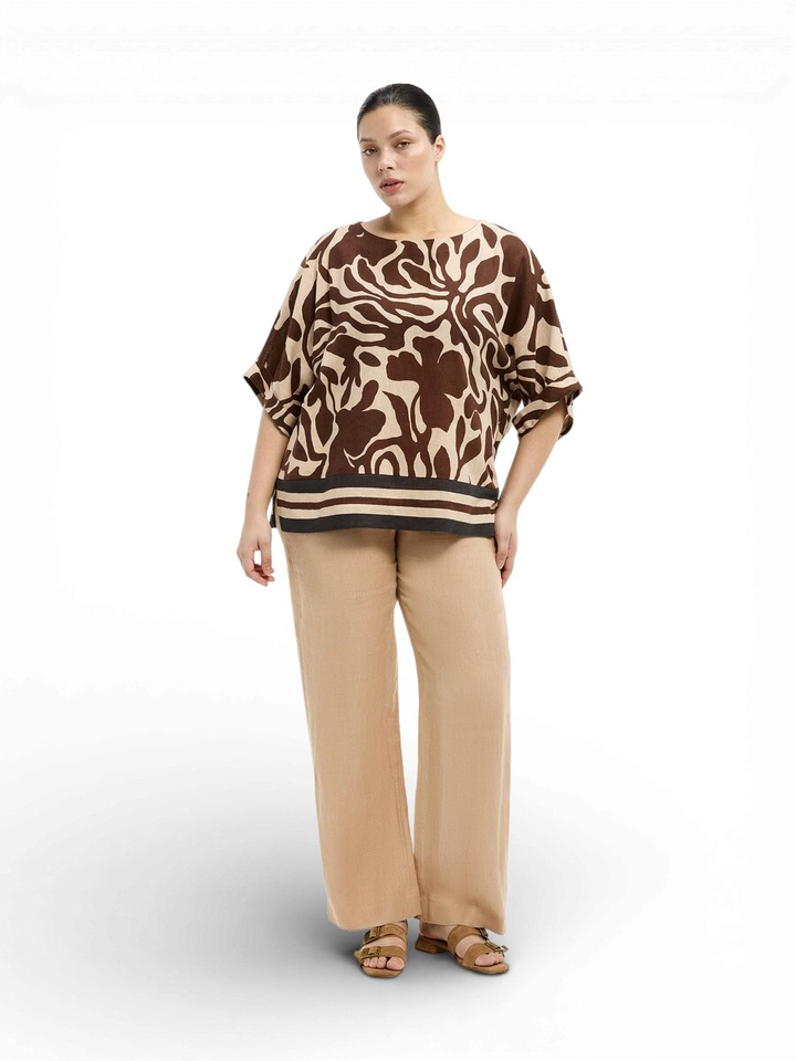 Beige linnen bloes met bruine printe Himano Xandres