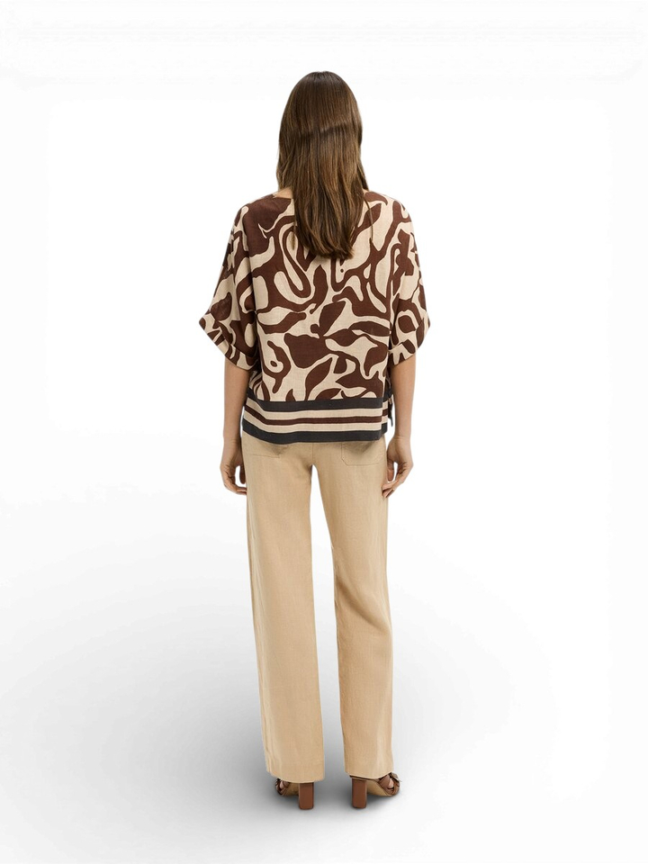 Beige linnen bloes met bruine printe Himano Xandres