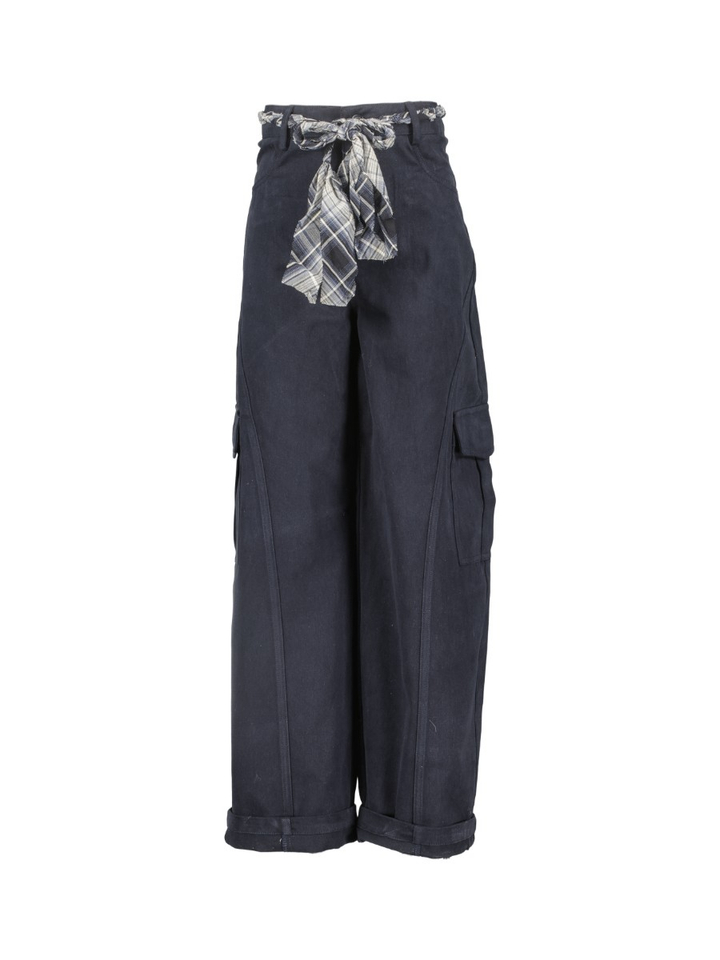 Donkerblauwe broek met zakken op zijkant en gevlochten ceintuur ZAZU Circle of Trust