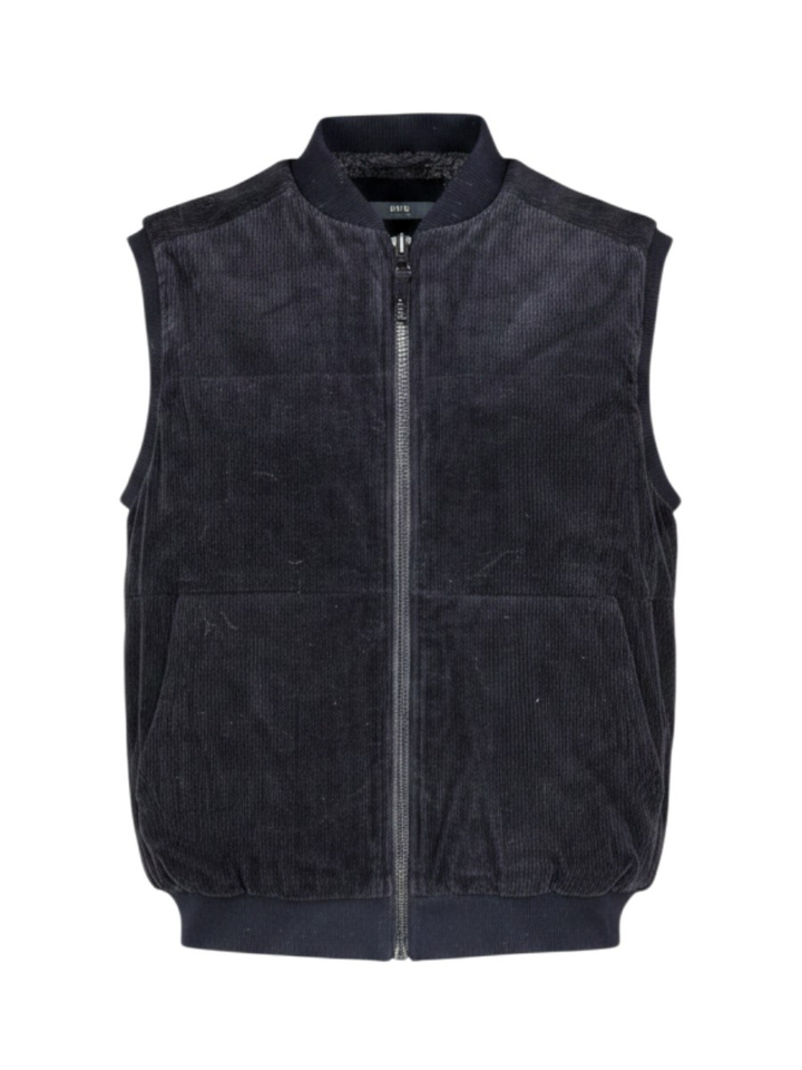 Donkerblauwe bodywarmer in ribfluweel en teddy stof Jocko Bellerose