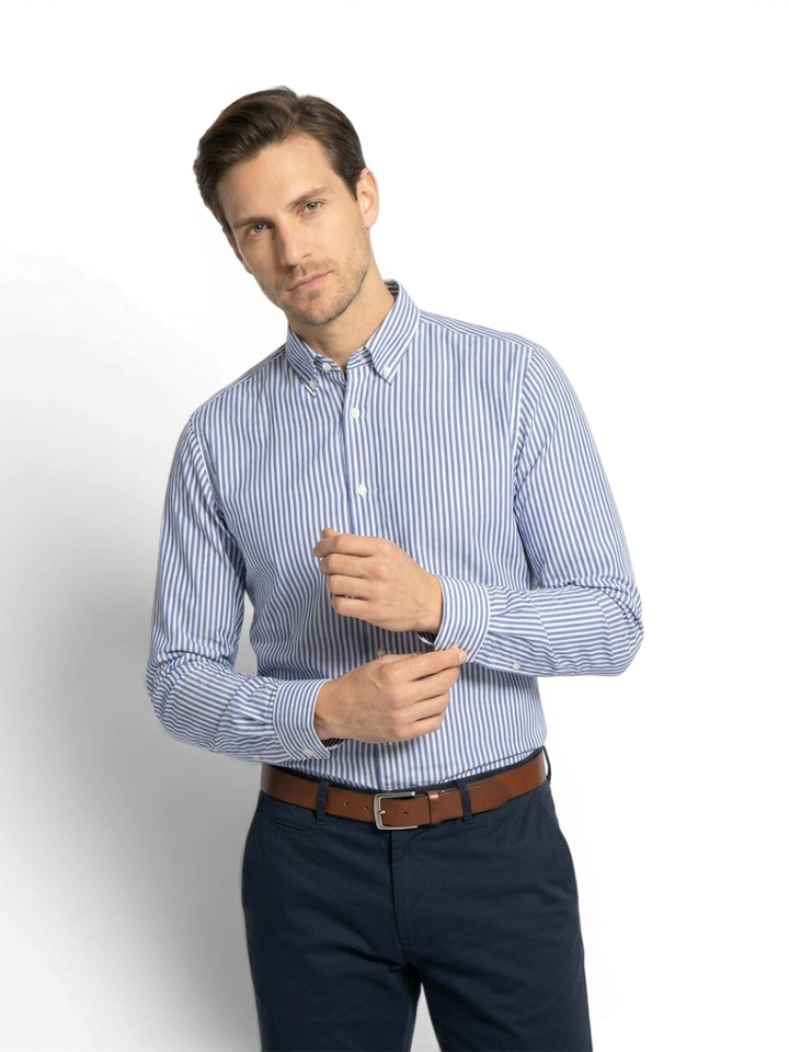 Blauw katoenen hemd (regular fit) met witte strepen en lange mouwen Bellerose