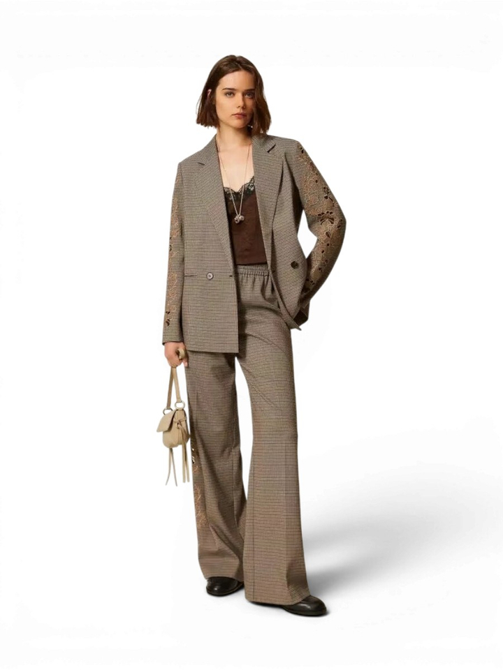 Bruine geruite blazer met broderie detail Twinset Milano