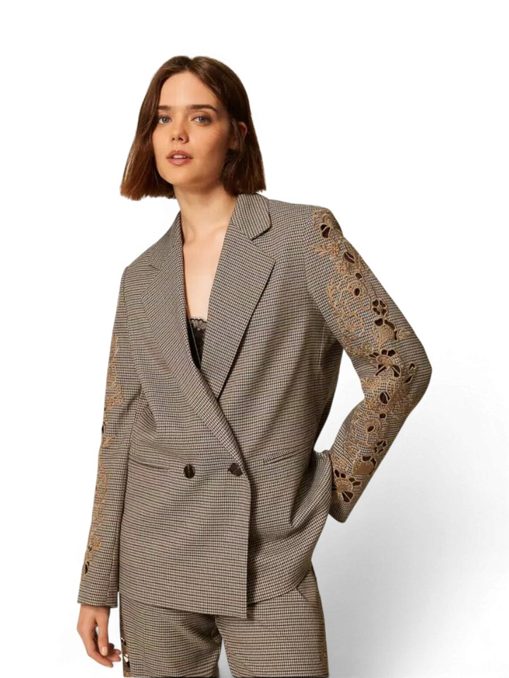 Bruine geruite blazer met broderie detail Twinset Milano