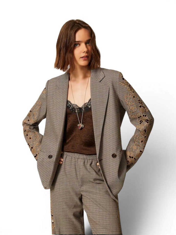 Bruine geruite blazer met broderie detail Twinset Milano