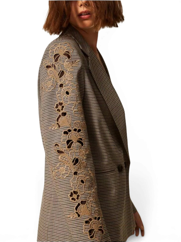 Bruine geruite blazer met broderie detail Twinset Milano