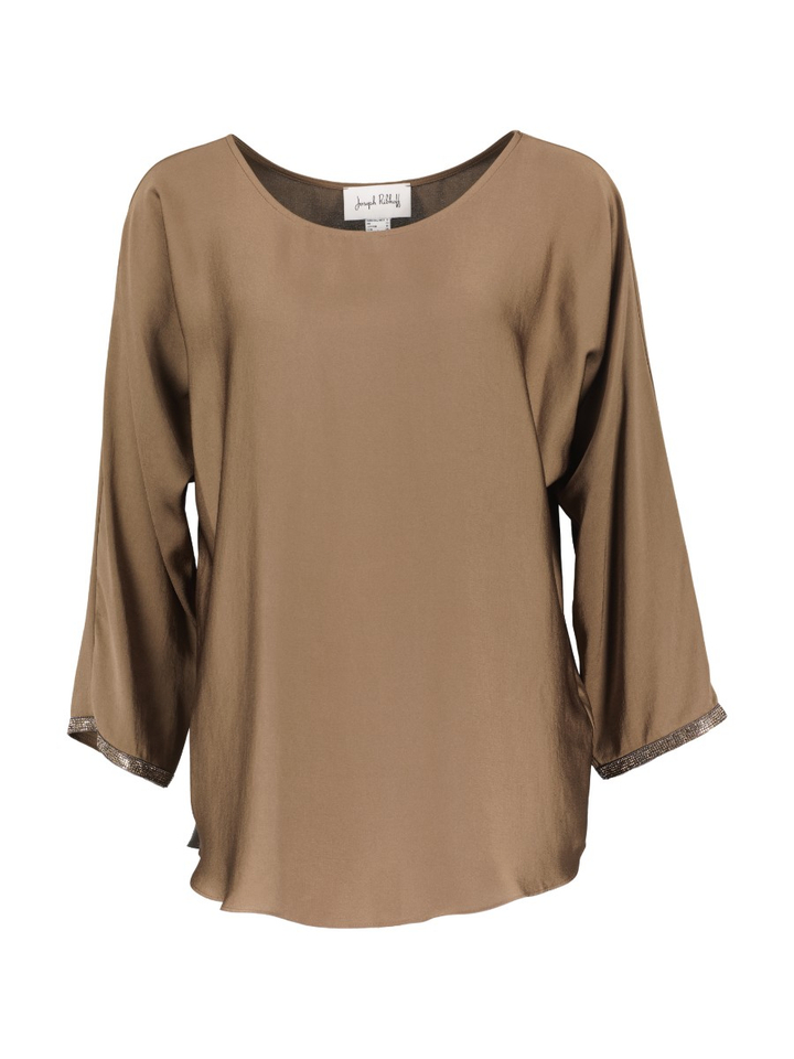 Taupe kleurige bloes met strass detail aan mouw Joseph Ribkoff 