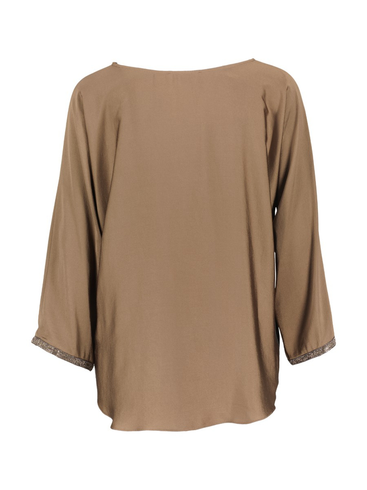 Taupe kleurige bloes met strass detail aan mouw Joseph Ribkoff 