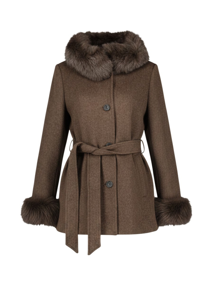 Bruine mantel met faux fur kap Esme Stand