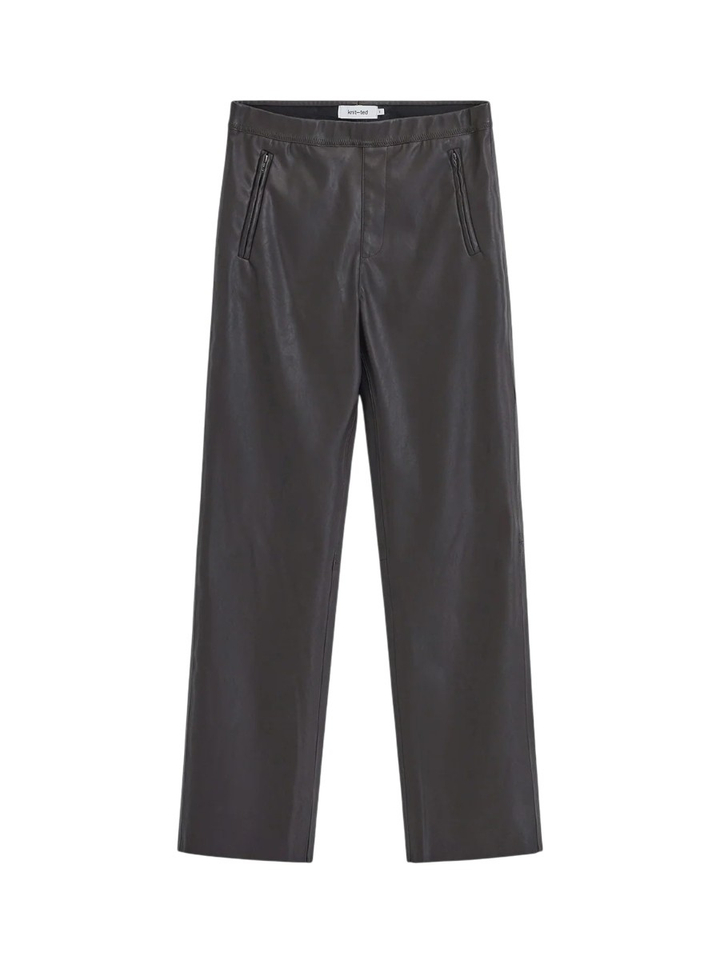 Donkerbruine broek in lederlook met ritsen Alix Knit-tedi