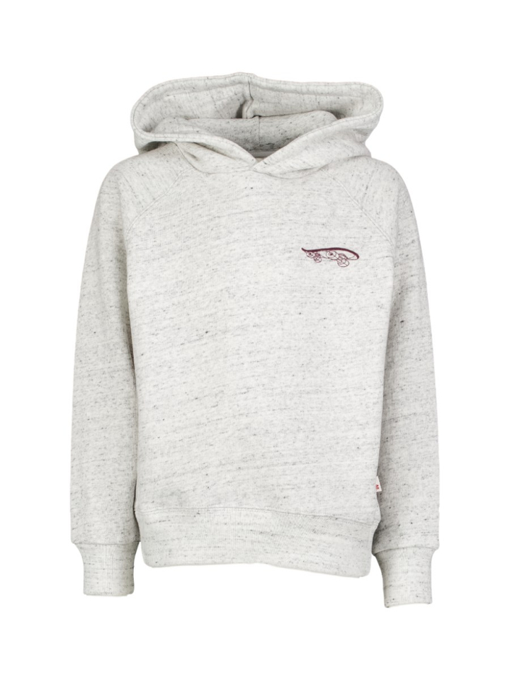 Grijze hoodie met zwarte spikkels en kap en bordeaux details AO