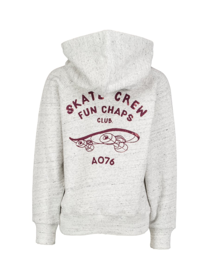Grijze hoodie met zwarte spikkels en kap en bordeaux details AO