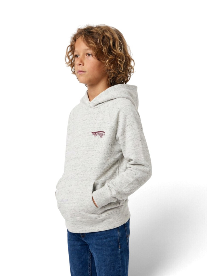 Grijze hoodie met zwarte spikkels en kap en bordeaux details AO