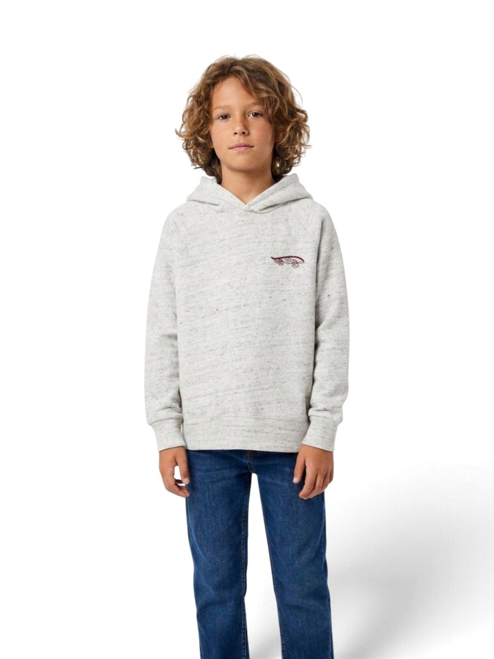 Grijze hoodie met zwarte spikkels en kap en bordeaux details AO