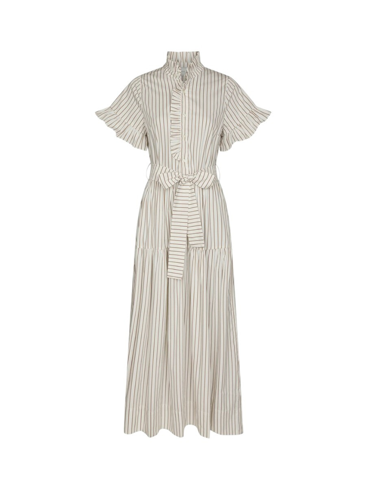 Beige gestreepte jurk met ruchelsdetails en hoge hals Nellie Neo Noir 