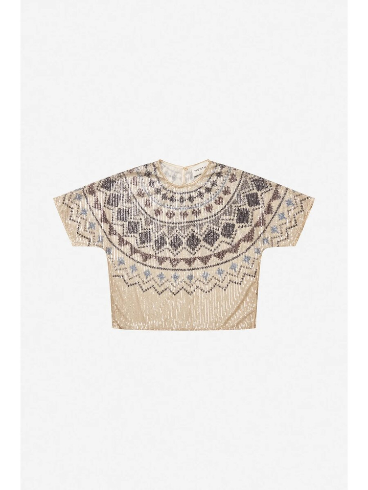 Beige bloes met blauwe print in pailetten Vunny Munthe