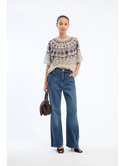Beige bloes met blauwe print in pailetten Vunny Munthe