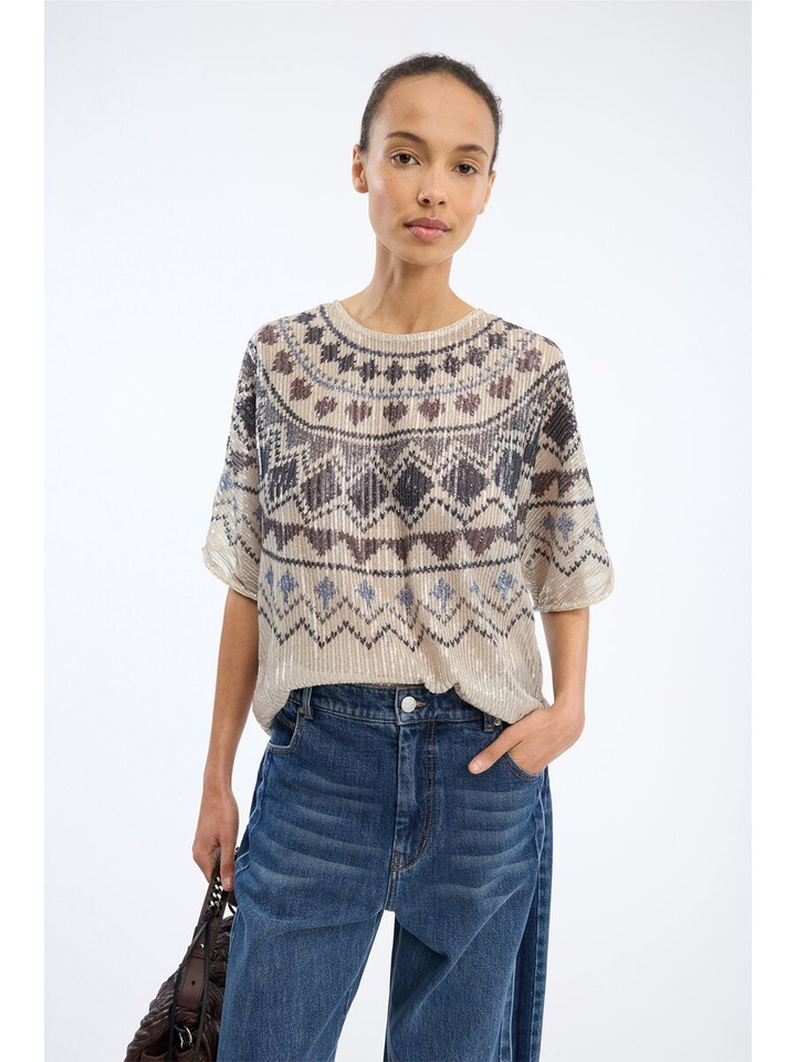 Beige bloes met blauwe print in pailetten Vunny Munthe