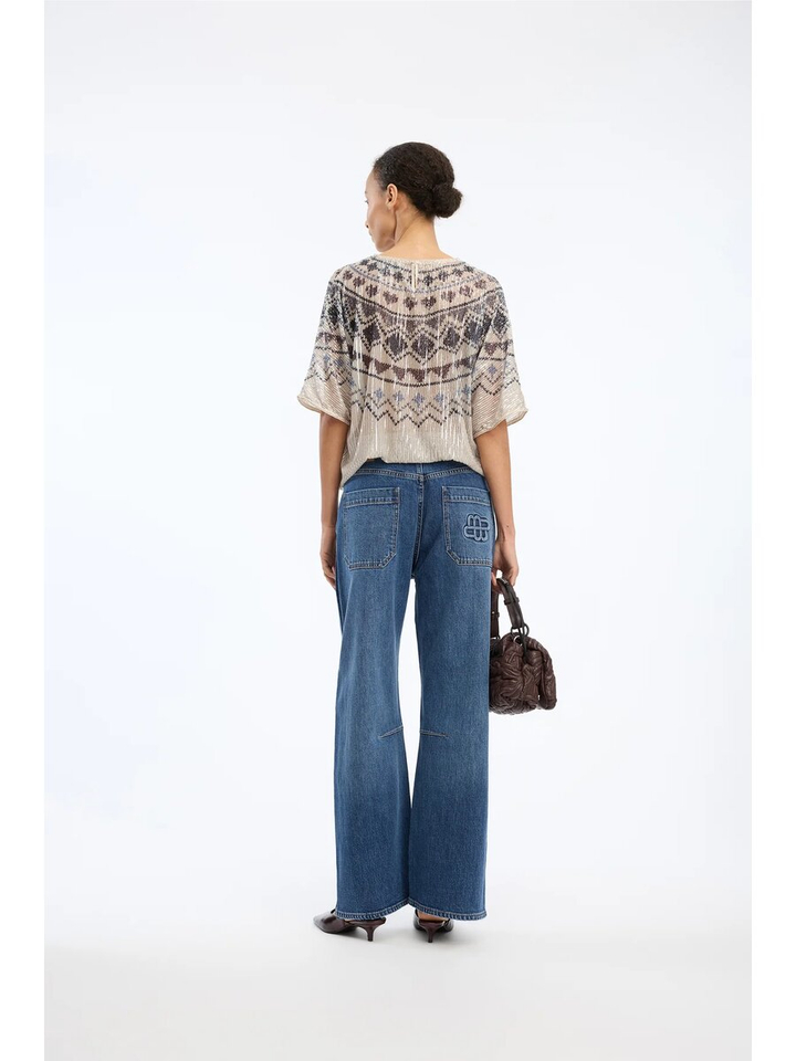 Beige bloes met blauwe print in pailetten Vunny Munthe