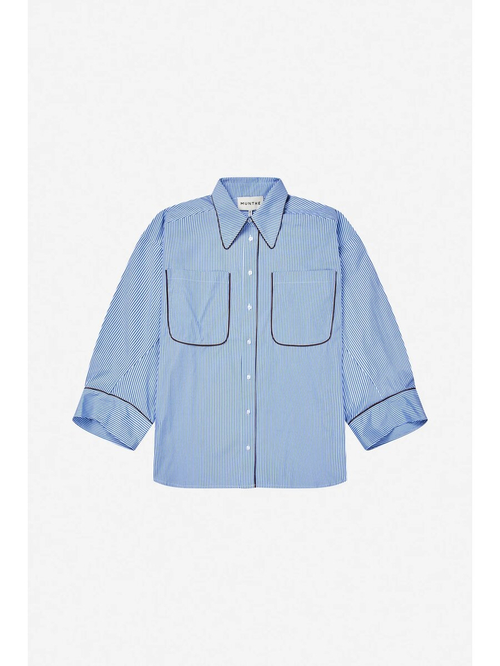 Blauw/wit gestreepte blouse met bruine afwerking Voyage Munthe
