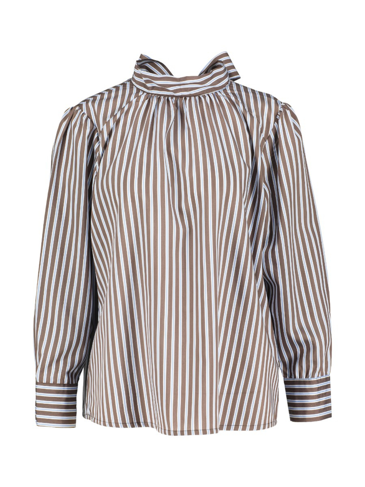 Bruine gestreepte bloes met strik detail Oda Lalotti 