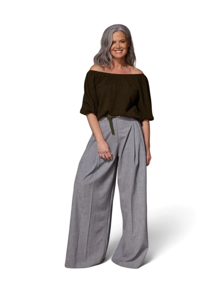 Grijze wijde broek met bandplooi Texas Lalotti