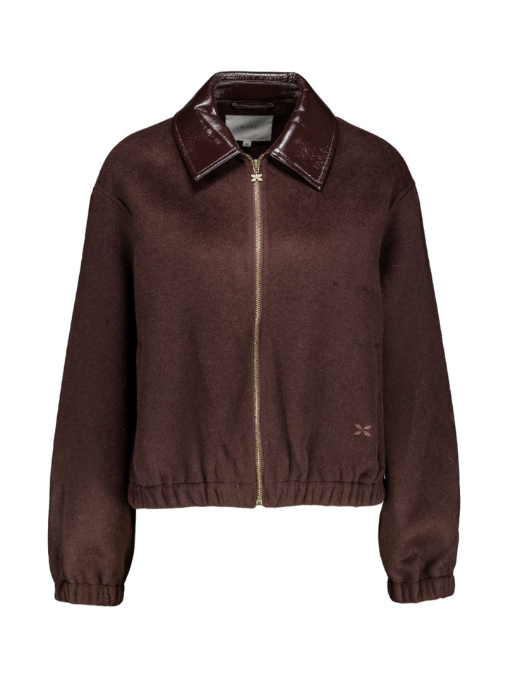 Korte bruine jas met lederdetail Janique Lalotti