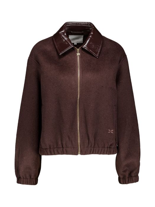 Korte bruine jas met lederdetail Janique Lalotti