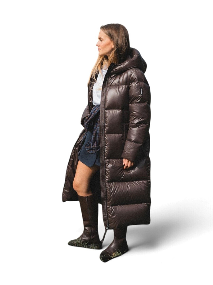 Donkerbruine lange pufferjas London Jacket Doudoun