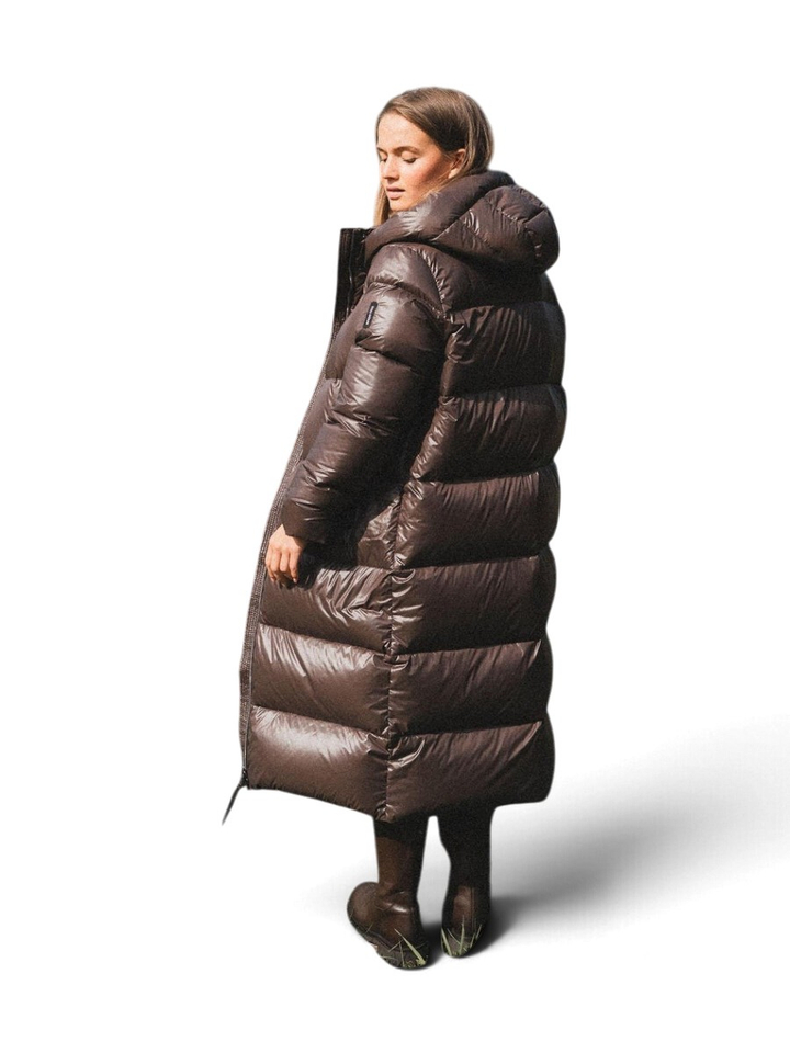 Donkerbruine lange pufferjas London Jacket Doudoun