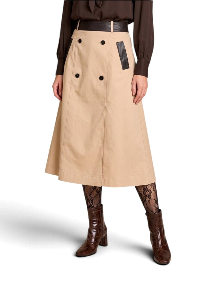 Beige halflange rok met zwart lederen detail Susan Leather Due Amanti