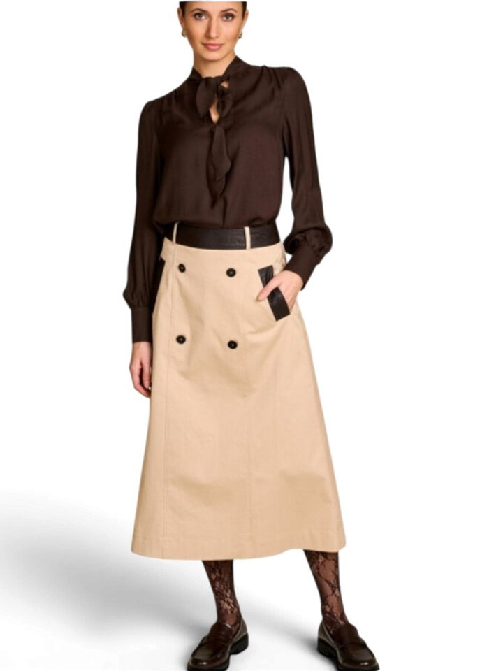 Beige halflange rok met zwart lederen detail Susan Leather Due Amanti