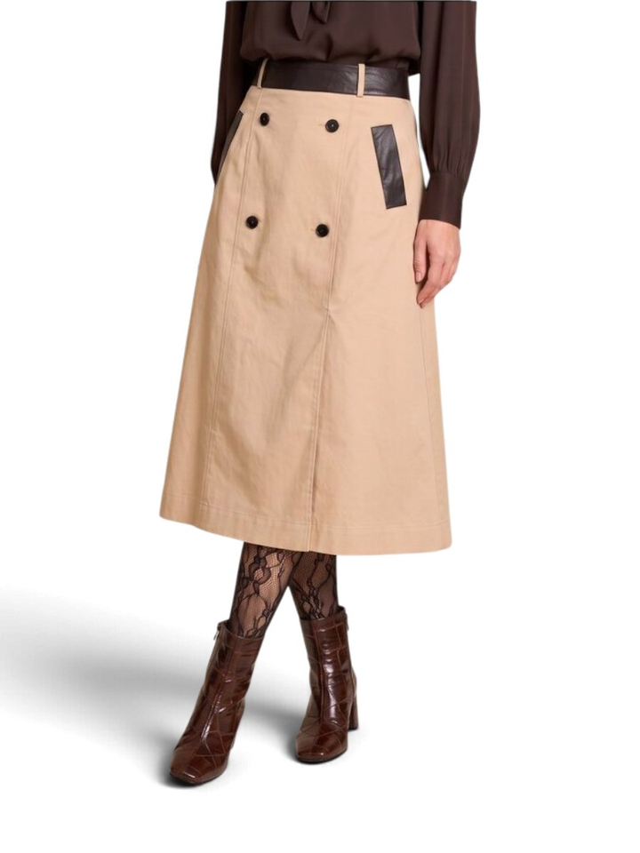 Beige halflange rok met zwart lederen detail Susan Leather Due Amanti