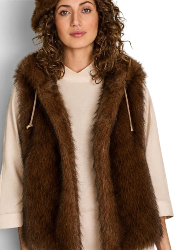 Donkerbruine teddy bodywarmer met kap Jenny Due Amanti