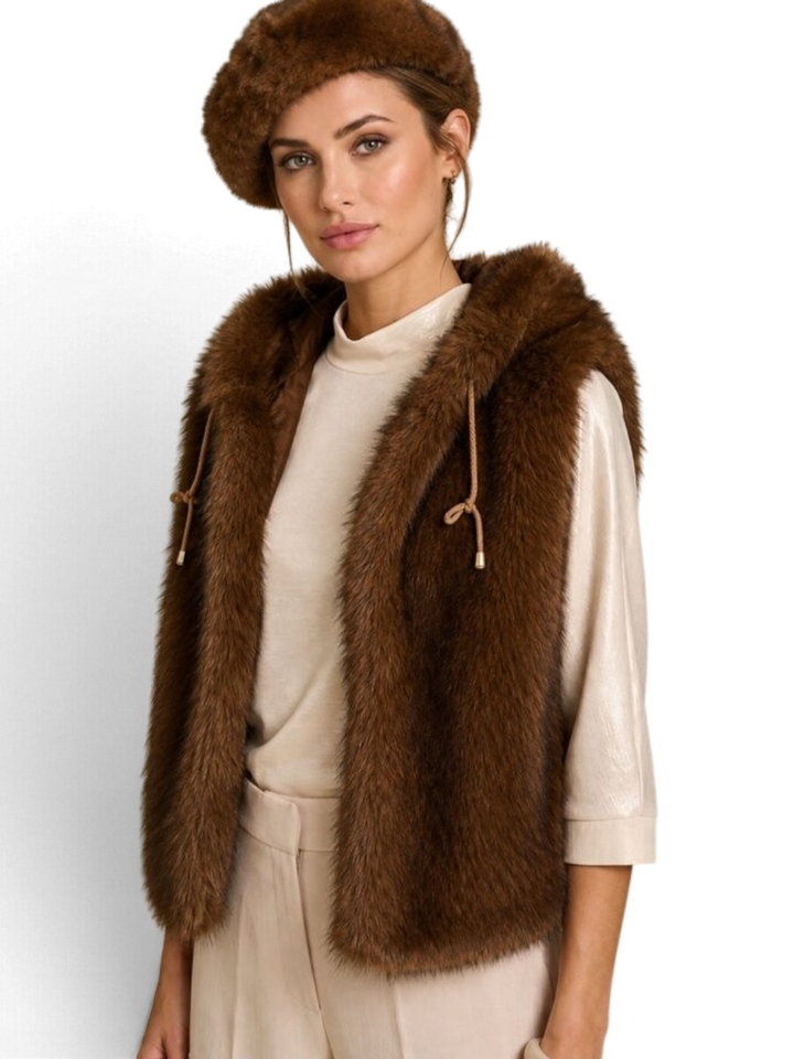 Donkerbruine teddy bodywarmer met kap Jenny Due Amanti